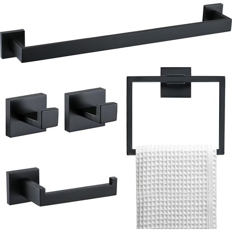 Ensemble 5 Pièces Salle de Bain 60cm Noir Mat, Porte-Serviettes et Anneaux Muraux, Accessoires en Acier Inoxydable - AUTRES (1/5)