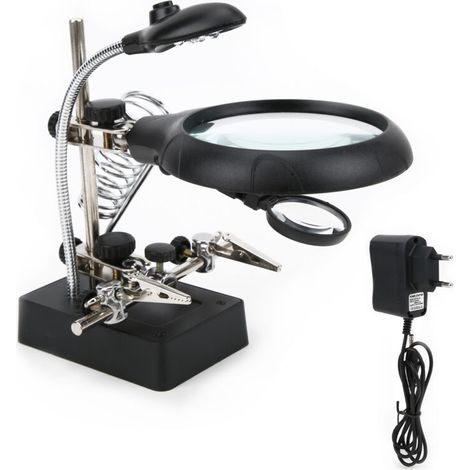 Lupa de escritorio Crezuo con aumento múltiple, lámpara LED, soporte auxiliar, herramienta de lectura multifuncional, enchufe de 100-240 V.-Crezuo