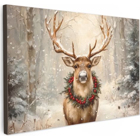 TABLEAU SUR TOILE Noël - Renne - Hiver - Couronne Tableau Cuisine Décoration murale 90x60 cm