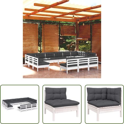 Terrassensofa - 13-tlg. Garten-Lounge-Set mit Kissen Weiß Kiefer Massivholz (1/5)