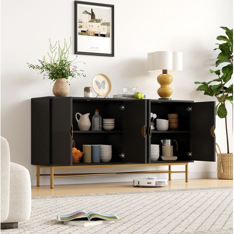 Buffet 4 portes, 160x40x82 cm, avec fermeture douce, en MDF et panneaux de particules, noir (1/5)