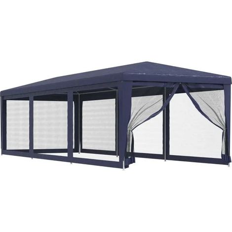 Tente de réception avec 8 panneaux latéraux en filet, bleue, 3 x 9 mètres, polyéthylène haute densité (PEHD). (1/5)