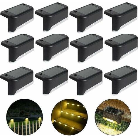 Lampe de clôture solaire étanche, lumière de pont solaire, lampe d\'escalier, lampes solaires de jardin LED IP65 pour clôtures d\'escalier de patio (Lumière chaude-Noir, 12 PCS) (1/5)