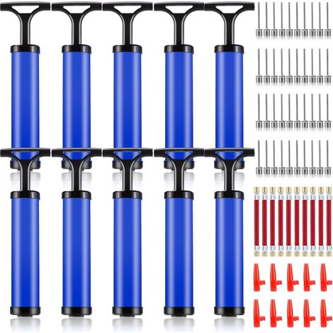 Lot de 10 pompes à ballons, pompe manuelle portable avec 4 aiguilles, 1 embout et 1 tuyau, pour ballons de sport (football, basket, volley), bleu (1/5)