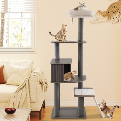 Arbre à Chat Haut de 171CM Tour pour Chat Multi-Niveaux avec Perchoir à Coussin Grand Condo Tapis Détachables Griffoirs Gris (1/2)