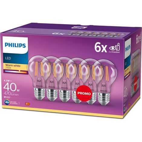 Philips – Ampoule LED E27 4W blanc chaud – Lot de 6 – 470 lumens – Durée de vie 15 000 heures – Économie d'énergie jusqu'à 30€ par an (1/4)