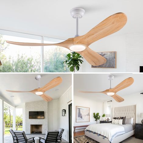 Ventilateur de plafond 52" avec éclairage LED, télécommande, 3 pales bois, blanc naturel (1/5)