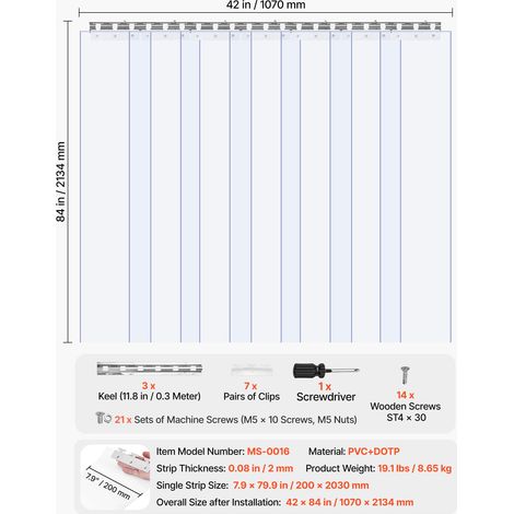 Rideau à Lanière en PVC 107x213,4 cm Rideau à Lamelles Transparent Porte Lot de 7 Bandes en Plastique Épaisseur 2 mm pour Portes de… (1/5)