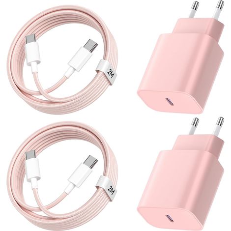 Chargeur pour iPhone 15/16, Lot de 2 20W Chargeur Rapide pour iPhone avec 2m Câble USB C pour Phone 16/16 Plus/16 Pro Max/15/15 Plus, PD3.0 USB C Prise Adaptateur Secteur Embout - Rose+Rose (1/5)