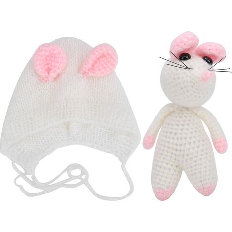 Ensemble tricoté pour nouveau-né avec chapeau souris et poupée - Idéal séance photo bébé - Blanc (1/5)