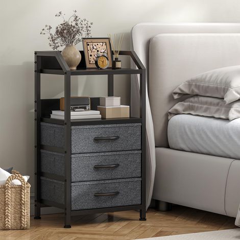 Nachttisch, Beistelltisch mit 3 Stoffschubladen und offenem Regal, Nachtschrank mit Holzplatte und Metallgestell, Sofatisch für Schmale Räume, Schlafzimmer, Wohnzimmer, Dunkelgrau (1/5)
