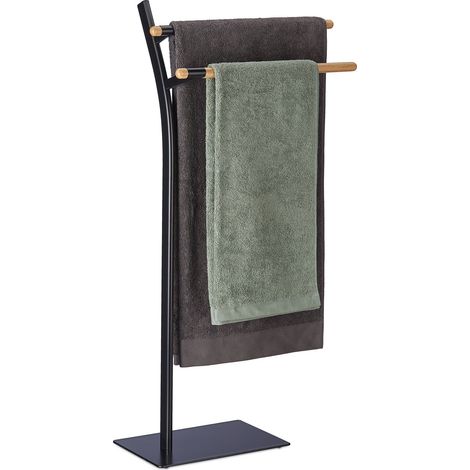 Relaxdays Piantana Portasciugamani da Bagno. Acciaio, 2 Bracci per Asciugamani, HLP: 88x46,5x20 cm, Nero Color Naturale, Legno (1/5)