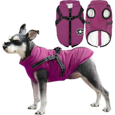 Chaqueta de invierno para perro, abrigo con arnés, impermeable, lavable a máquina, diseño de tira reflectante, anilla en D resistente (morado, 4XL) (1/5)