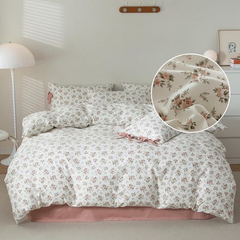 Parure de lit 3 pièces en Coton avec Housse de Couette à Motif Floral Rose avec Fermeture éclair Style Vintage pour Grand lit (1/5)