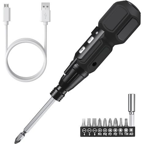 Tournevis électrique sans fil, 3,6 V 900 mAh, rechargeable par USB, avec lampe de travail LED, 9 embouts magnétiques et porte-embout 1/4". (1/5)