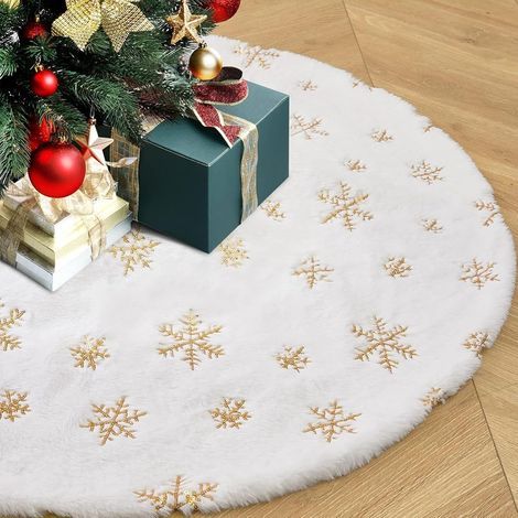 Plüschige Weihnachtsbaumdecke mit goldenen Schneeflocken, weicher Stoff für Halloween, Valentinstag, Weihnachten, als Dekoration für drinnen und draußen. (1/5)
