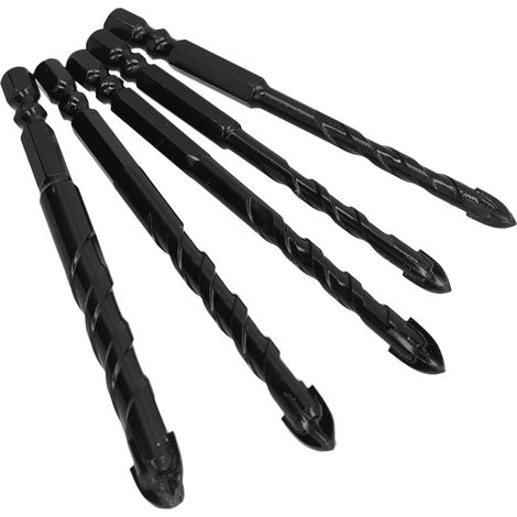 Set mit 5 Hartmetall-Kreuzkopfbohrern, Sechskantschaft, Bohrer für Fliesen, Beton und Glas, schwarz (1/5)