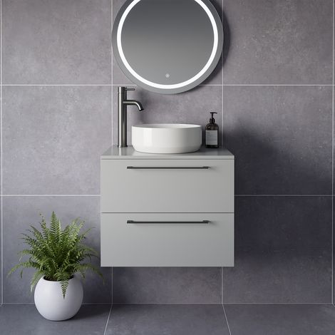 Napoli 460 Gloss Grey Pearl 600mm Wall Mounted 2 Drawer Vanity Unit for Countertop Basins - 600mm - Gunmetal Grey 320mm Handle