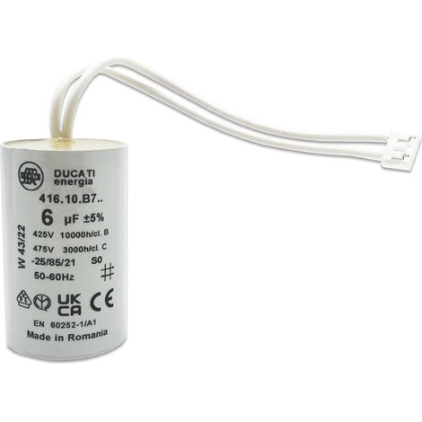 Condensateur 6 µF spécial volet roulant BUBENDORFF – 2 fils avec connecteur – Fond plat – 450V