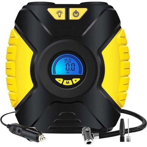 Compresseur d'air portable, gonfleur de pneu de voiture électrique, mini compresseur 12 V, pompe à vélo de voiture portable avec manomètre, adaptateurs de valve et lumière LED. (1/4)