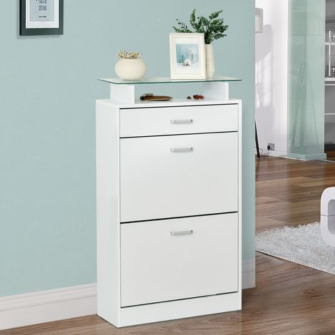 HOMCOM Armoire à Chaussures Meuble rangement Chaussures 2 Portes abattantes 2 Compartiments, tiroir, Plateau en Verre - Bois chêne Blanc