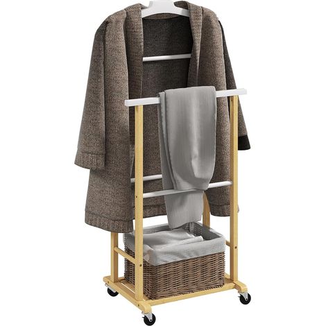 Valet de chambre à roulettes, portant à vêtements en bambou avec cintre intégré, tiges à pantalons et étagère pour chaussures, porte-manteaux pour chambre, buanderie, bois naturel et blanc (1/5)