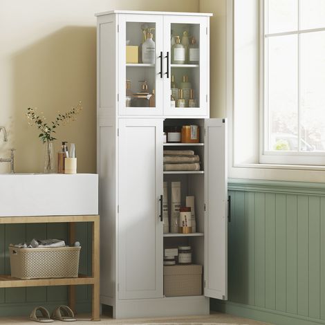 Armoire de salle de bain haute avec étagères réglables. Portes en verre et en bois. 60 x 30 x 170 cm. Blanche.