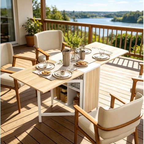 Table extensible avec rangements, pliante 170 x 60 x 75 cm blanc/chêne clair HAVRYA (1/5)