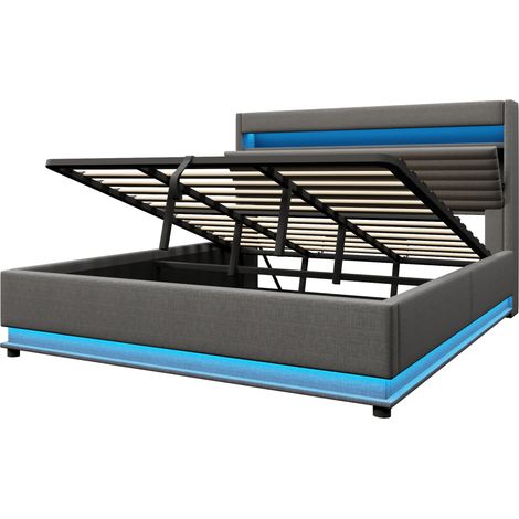 Cama canapé tapizada 180 x 200 cm con LED y puerto USB Type-C, gris, HOMVRA (1/5)