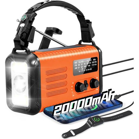 Radio météo d'urgence, radio solaire 20 000 mAh, radio à manivelle avec AM/FM/NOAA, radios portables avec lampe de poche et lampe de lecture, prise casque, alarme SOS, chargeur de téléphone pour les (1/5)