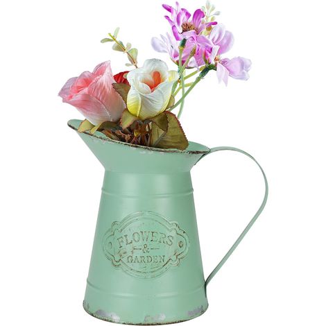 Galvanized green olive metal vase, P11.8xH17.5 cm, shabby chic milk pot for home/wedding. (1/5)