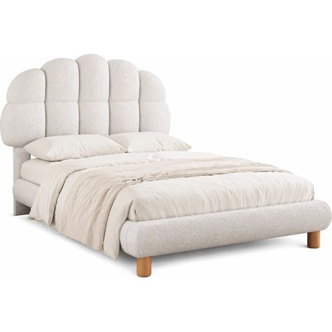 Letto per Bambini Letto Singolo 90×200 cm con Testiera Regolabile e Tessuto Bouclé, senza Materasso, Bianco (1/5)