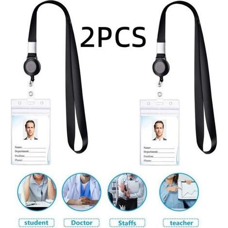 Ausweishalter, Namensschild, einziehbarer Kartenhalter mit Umhängeband und Lanyard, wasserdichter, vertikaler Kartenhalter, für Büro, Schule, schwarz (1/4)