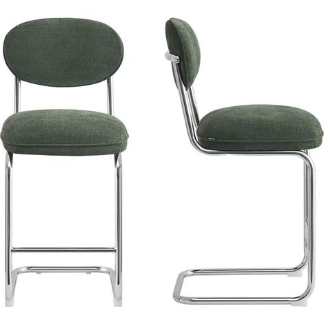 Lot de 2 tabourets de bar en tissu chenille vert, piètement chromé - Lou