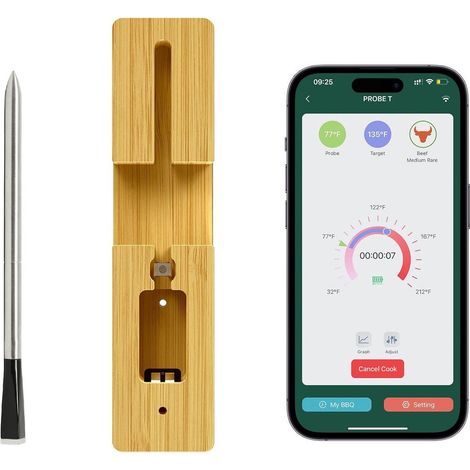 Drahtloses Fleischthermometer mit WLAN-Funktion, Bluetooth-Sonde für den Grill, Steuerung per App.