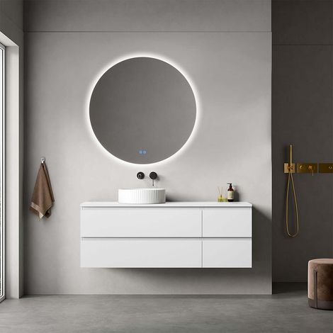 Mobile bagno sospeso reversibile 140 cm Bianco Opaco per Lavabo d'appoggio Specchio Tondo Retroilluminato - Fiji Paint Top (1/4)