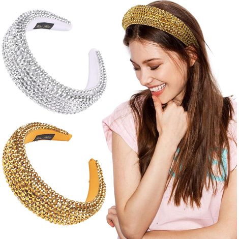 Lot de 2 bandeaux dorés pour femme, bandeau orné de strass et de perles, 4 cm de large, rembourré, argenté et doré. (1/5)