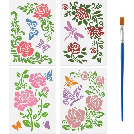 4 Pièces Pochoirs de Peinture de Coin Rose avec Pinceau, 29,7x21cm Pochoir de Rose Papillon Pochoir Vigne Florale Réutilisable Plastique pour Peinture sur Bois Toile Papier Tissu Sol DIY (1/5)