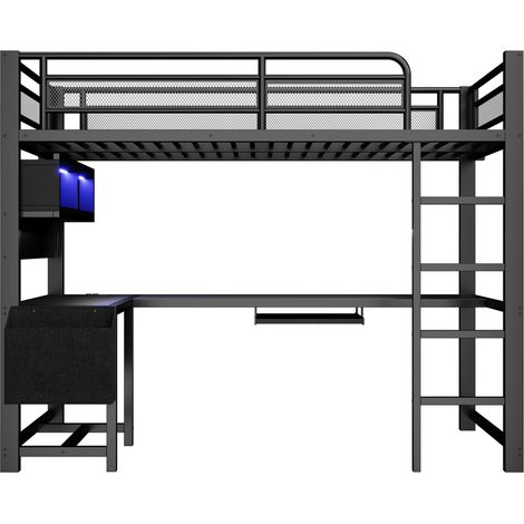 Lit mezzanine gaming 90 x 200 cm avec bureau, clavier, rangements et éclairage LED HOMVRA (1/5)