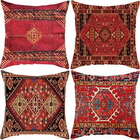 Lot de 4 Housses de Coussin 45x45cm Abstrait Ethnique Turquie Rouge Vintage Tapis Motif Taie d'oreiller Décoratif Coton Lin Housse Coussin Carré pour Chambre canapé Chaise Lit Jardin (1/5)