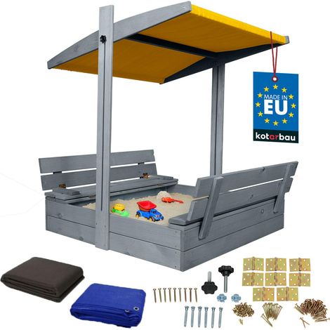 KOTARBAU® Bac à Sable Enfant Extérieur Bois de Pin 100x100 cm Gris Bac à Sable avec Couvercle et Bancs Pliables Protection Solaire avec Toit Jaune
