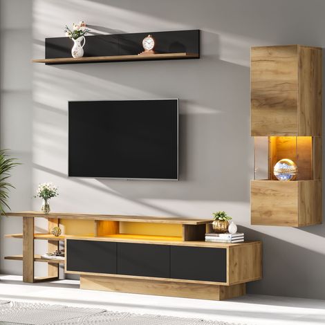 Ensemble unité murale TV 3 pièces LED,pour TV jusqu’à 80 pouces. Noir + bois naturel avec 3 tiroirs de rangement.