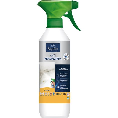 Ripolin – Spray antimousse incolore 0,5L – Élimine moisissures sur bois, plâtre, brique – Traitement curatif et préventif – Biodégradable