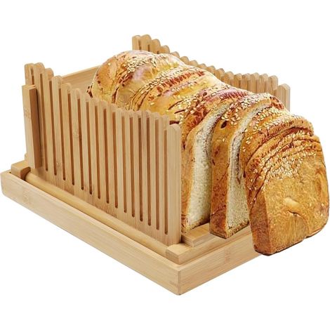 Trancheuse à pain en bambou - Trancheuse à pain réglable pour pain maison avec 3 épaisseurs - Trancheuse à pain pliable avec plateau ramasse-miettes - Idéale pour les gâteaux, le pain au levain et les