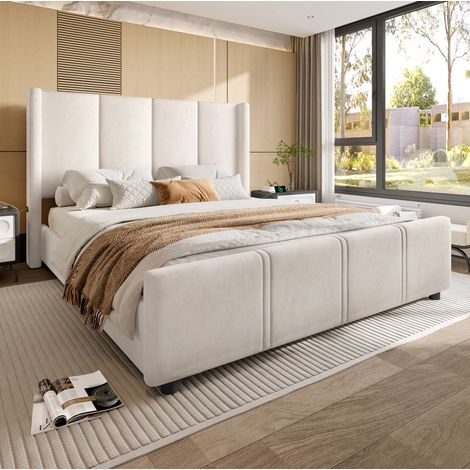 Lit rembourré moderne 140x200 cm en velours beige, tête de lit haute avec USB/Type-C et pied de lit haut (1/5)