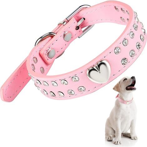 Verstellbares Kristall-Hundehalsband, Strass-Hundehalsband mit Herznieten, Hundehalsband aus PU-Leder für kleine und mittelgroße Hunde (Rosa) (1/5)