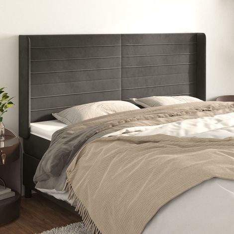 Tête lit de avec oreilles pour lit double, Cadre de lit, Tableau décoratif de chevet Gris foncé 203x16x118/128 cm Velours CDE42569 (1/5)