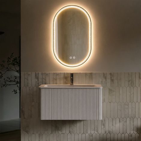 Meuble vasque 80cm avec miroir ovale à strass, pré-monté, meuble rayé avec tiroir, rangement pratique, blanc, salle bain élégant et lumineux (1/5)
