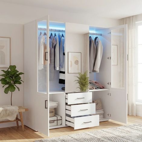 Weißer Kleiderschrank mit Ganzkörperspiegel und Kleiderstange, Garderobe mit 2 Glastüren und 2 Holztüren, 3 Schubladen, schwarze Griffe, 130x181,5x52 cm