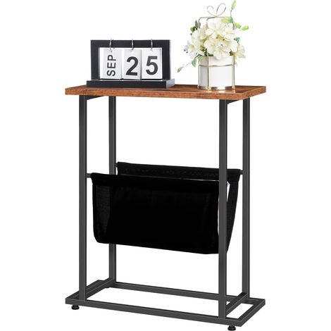 Slim Side Table, Narrow End Table, Industrial Bedside Tables with Magazine Holder Sling, Small Table for Small Spaces, Skinny Magazine Table, Metal Frame, Rustic Brown and Black HOOBRO EBF81BZ01